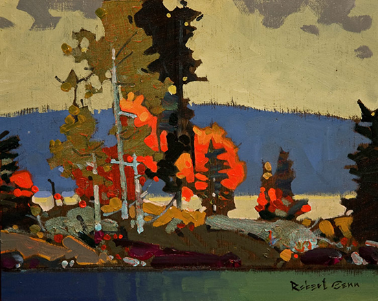 painting of lake and trees, by Robert Genn